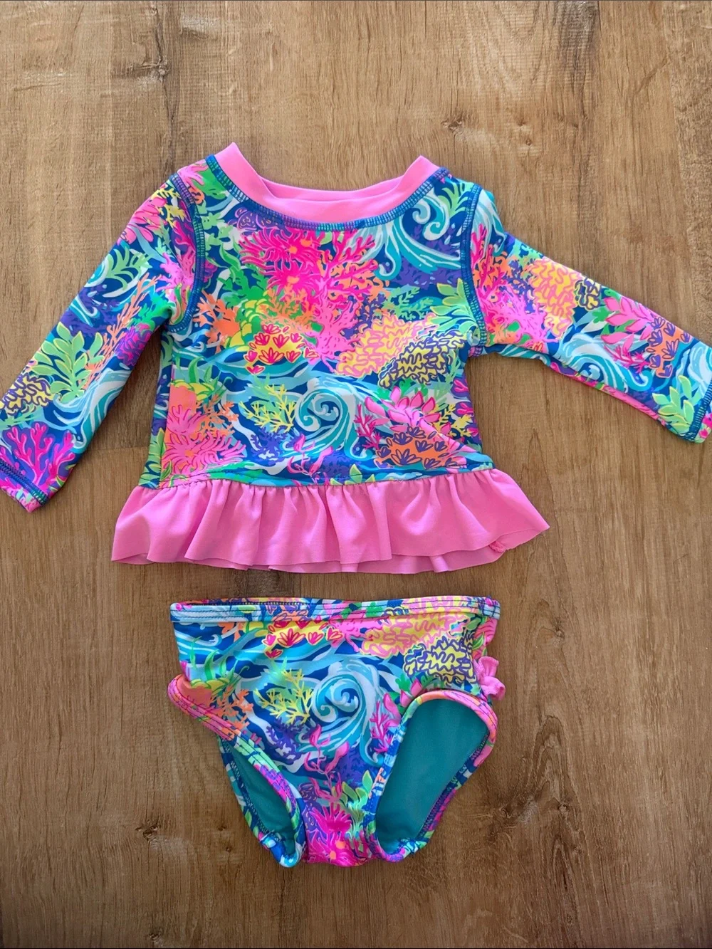 Ruffle Butts Pink Neon Ocean Coral Reef Long Sleeve Rashguard Set